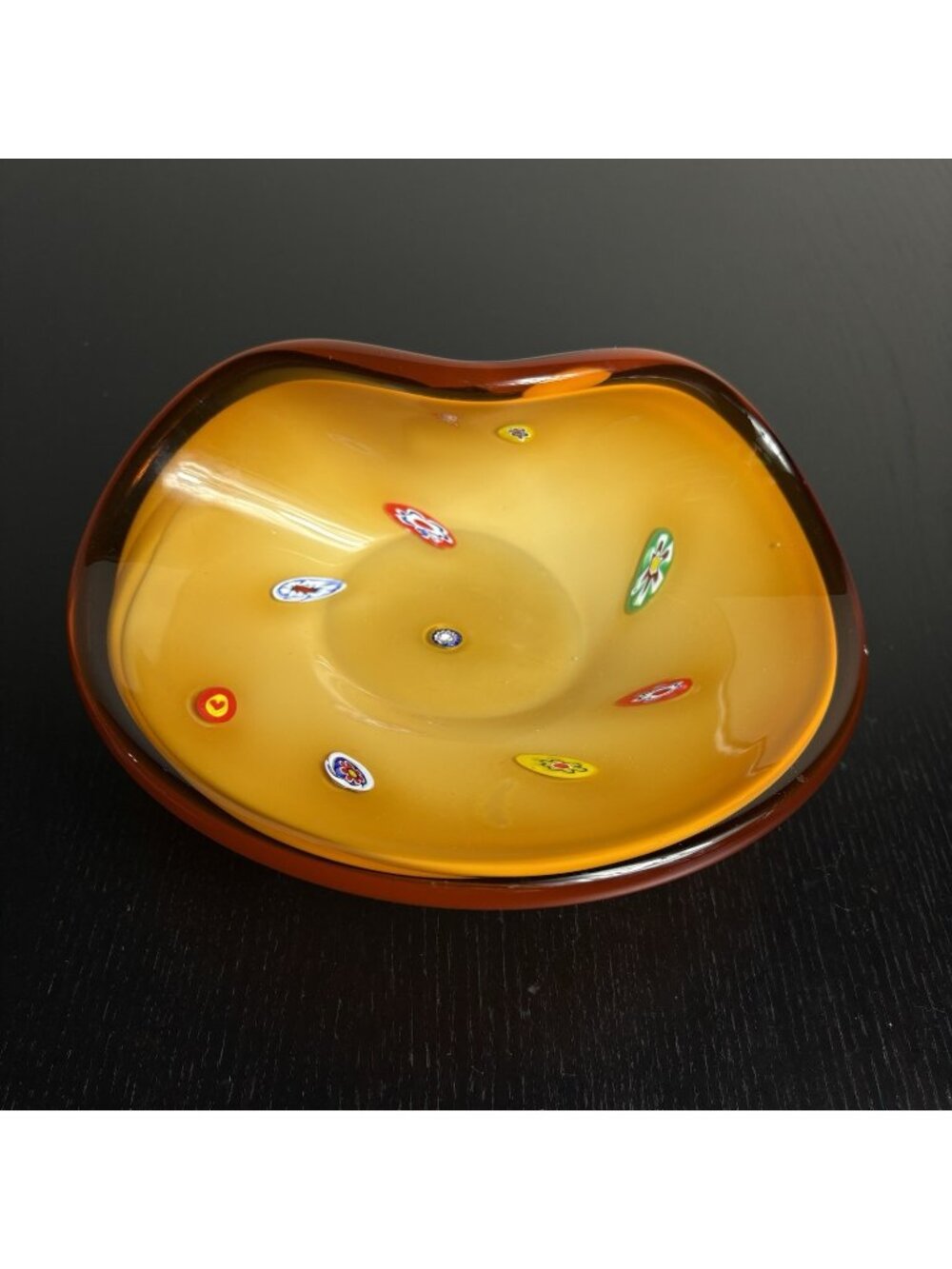 Vintage Murano Style Art Glass Millefiori Abstract Sculptured Bowl Amber Rim